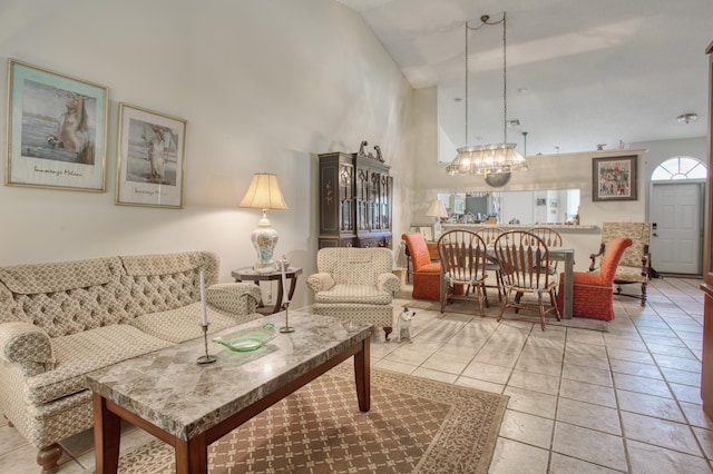 tiled living room with a high ceiling