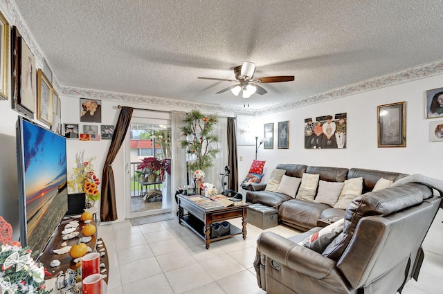 living room with light tile patterned floors, a textured ceiling, and ceiling fan