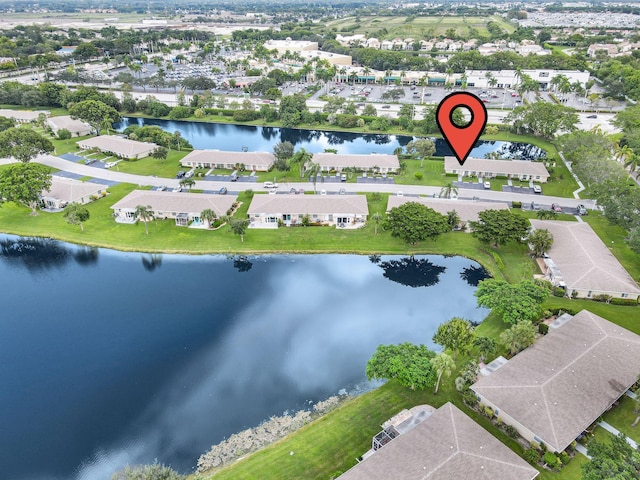 drone / aerial view featuring a water view