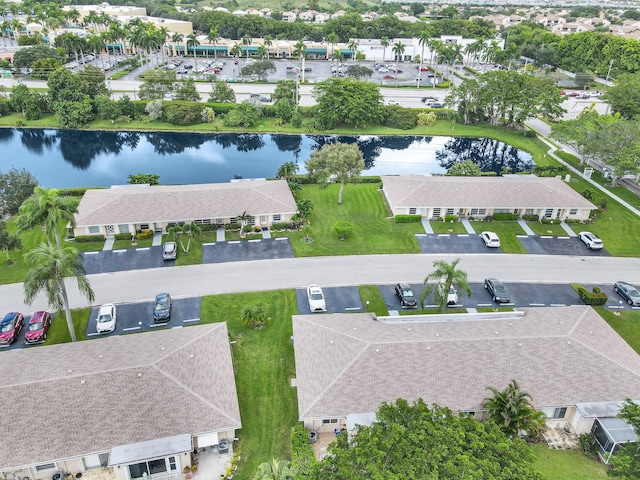 drone / aerial view featuring a water view