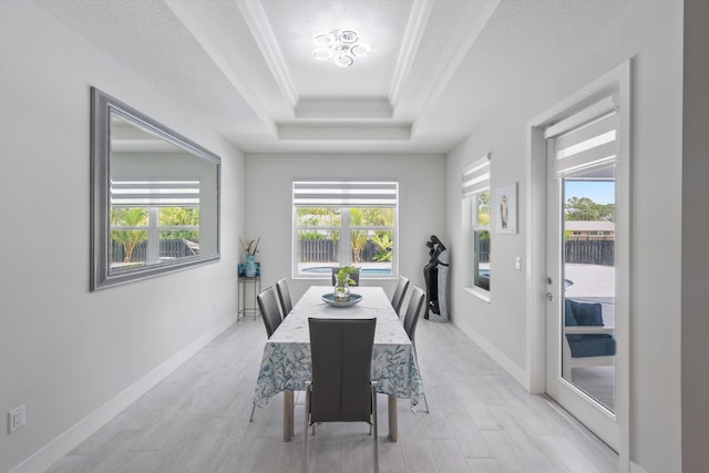 dining room featuring a textured ceiling, a raised ceiling, and plenty of natural light