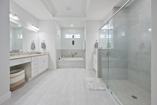 bathroom with vanity, crown molding, a raised ceiling, and plus walk in shower