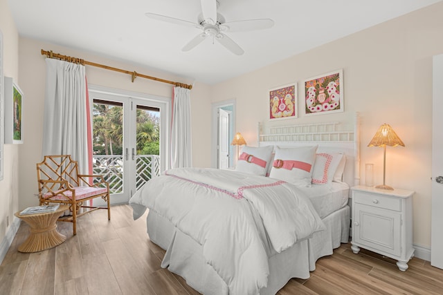 bedroom with ceiling fan, french doors, light wood-style flooring, and access to exterior