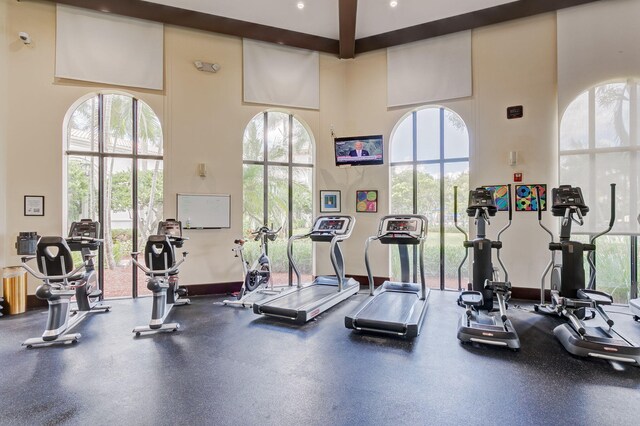 gym featuring a towering ceiling and plenty of natural light