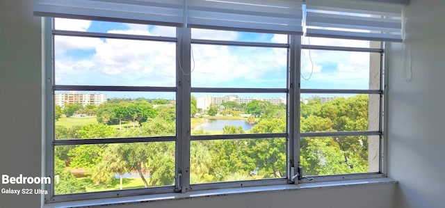 interior details featuring a water view