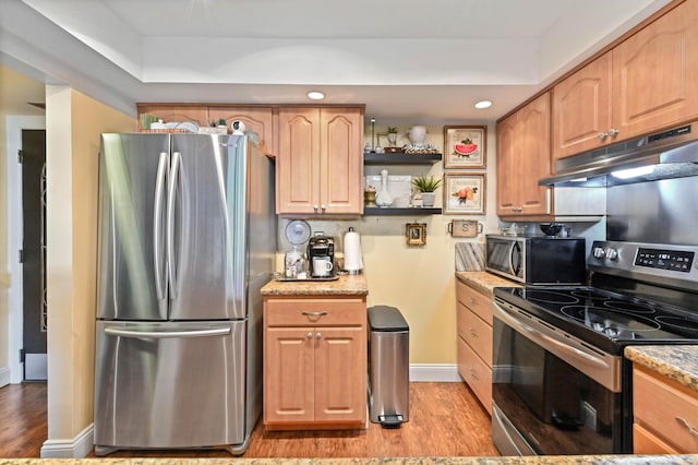 kitchen with stainless steel appliances, light wood-type flooring, light stone countertops, and a tray ceiling