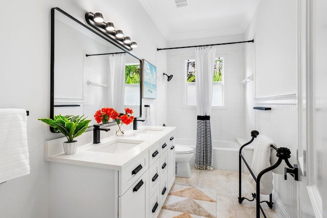 full bathroom with toilet, shower / bath combo, tile patterned flooring, ornamental molding, and vanity