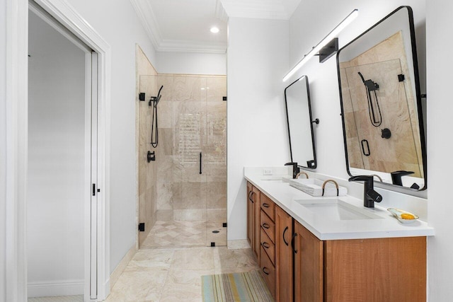 bathroom with walk in shower, vanity, tile patterned floors, and ornamental molding