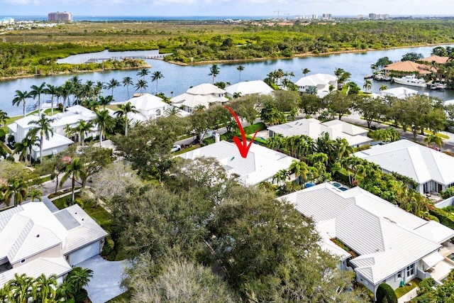 aerial view featuring a water view