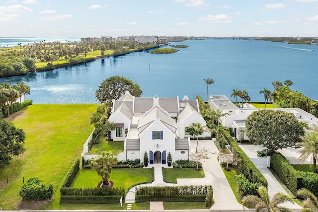 drone / aerial view featuring a water view