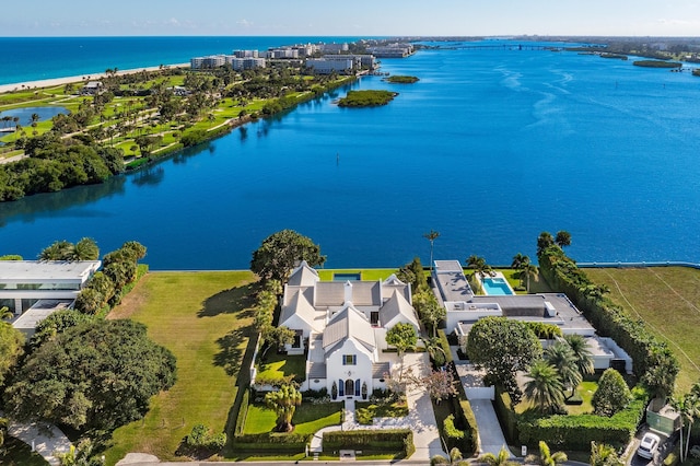 drone / aerial view featuring a water view