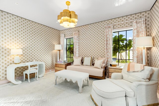 living room featuring a notable chandelier