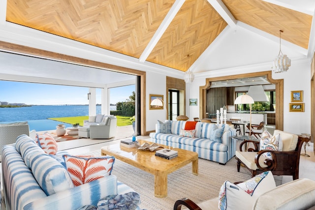 living room featuring an inviting chandelier, high vaulted ceiling, wood ceiling, and a water view