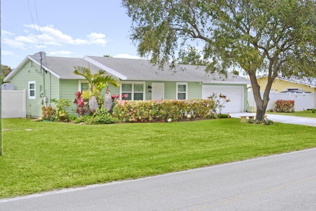 ranch-style home with a front yard and a garage