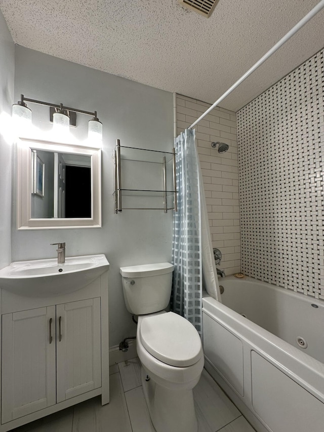 full bathroom featuring a textured ceiling, tile patterned floors, vanity, shower / tub combo, and toilet