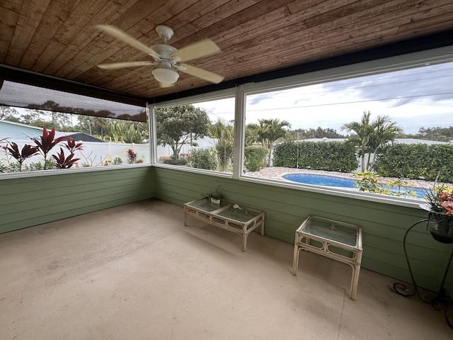 sunroom / solarium featuring ceiling fan and wood ceiling