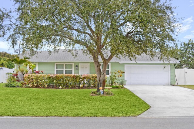 ranch-style home featuring a front yard and a garage