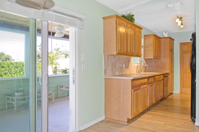 kitchen featuring sink, stainless steel dishwasher, light wood-type flooring, and tasteful backsplash