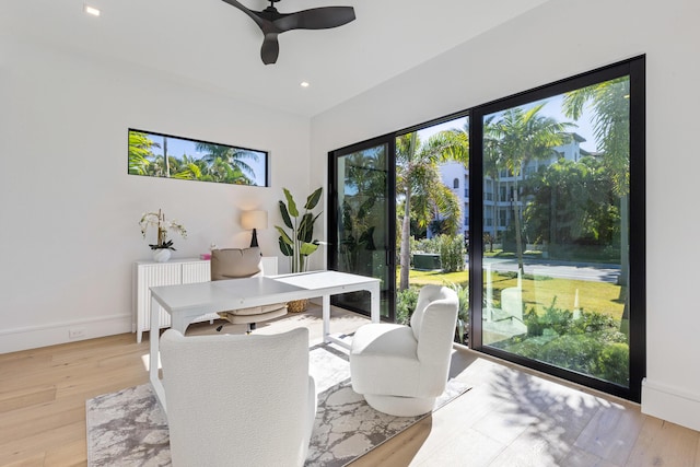 dining room featuring ceiling fan, light hardwood / wood-style floors, and radiator heating unit