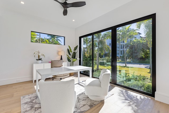 interior space featuring light hardwood / wood-style floors, ceiling fan, and radiator heating unit