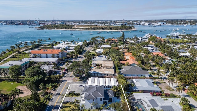 drone / aerial view featuring a water view