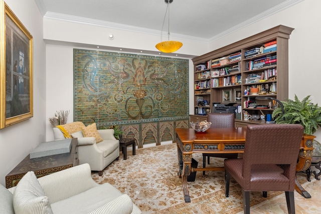 home office with crown molding