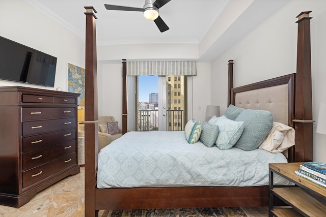 bedroom with ceiling fan, access to outside, and crown molding