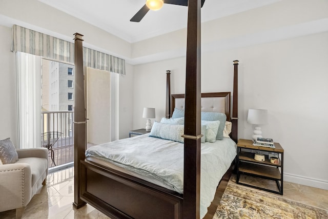 bedroom featuring ceiling fan and crown molding