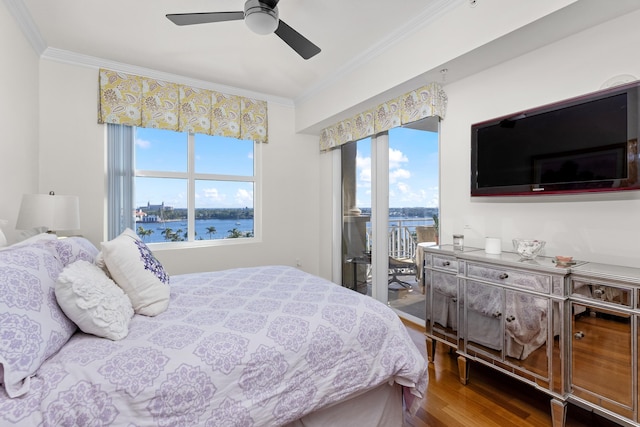 bedroom with ceiling fan, multiple windows, crown molding, and access to exterior