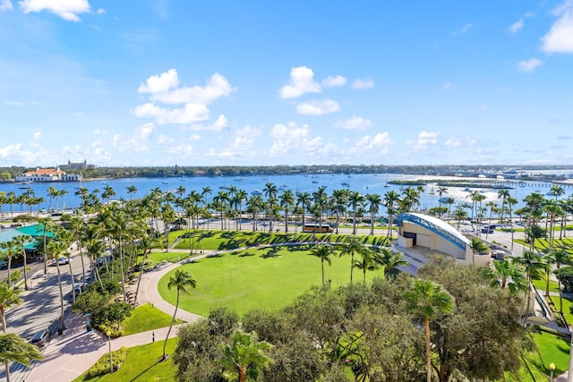 bird's eye view with a water view