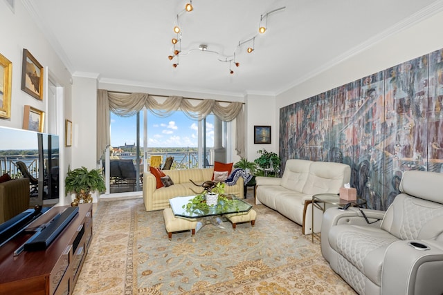 living room with ornamental molding and a water view