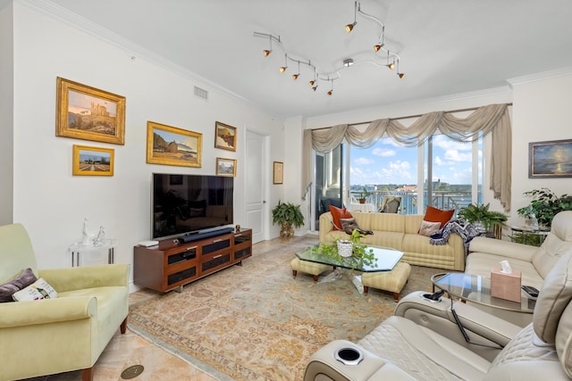 living room with rail lighting and ornamental molding