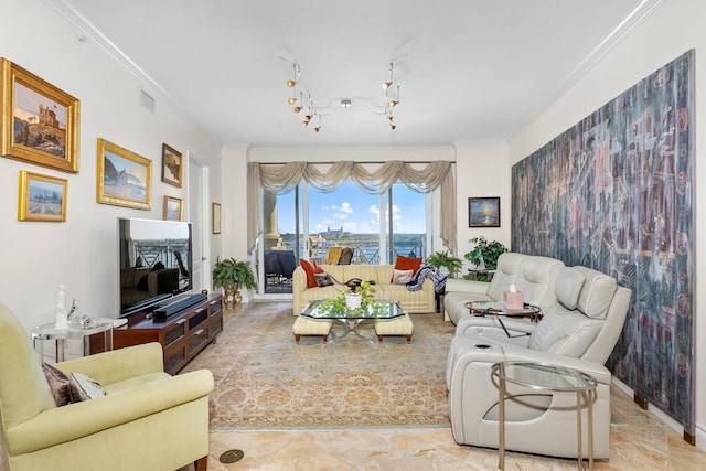 living room with ornamental molding