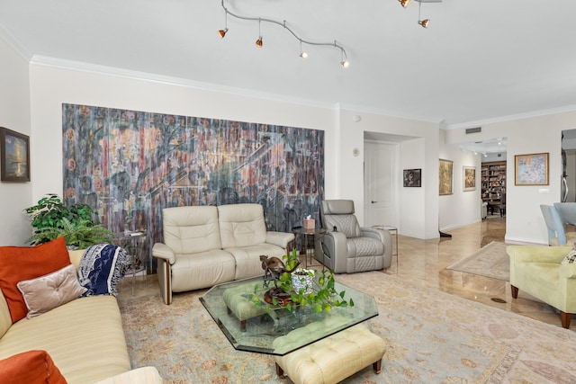 living room with ornamental molding