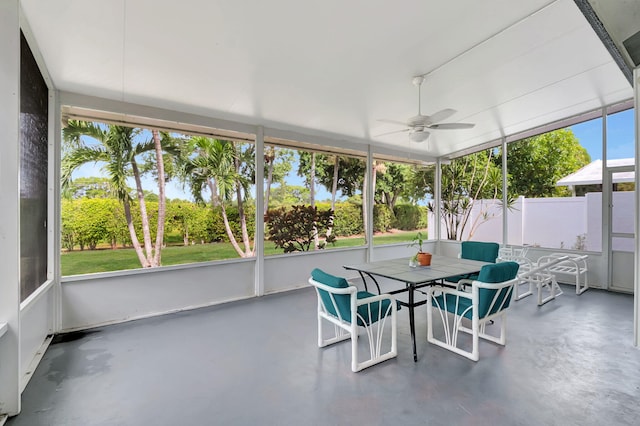 sunroom / solarium featuring ceiling fan