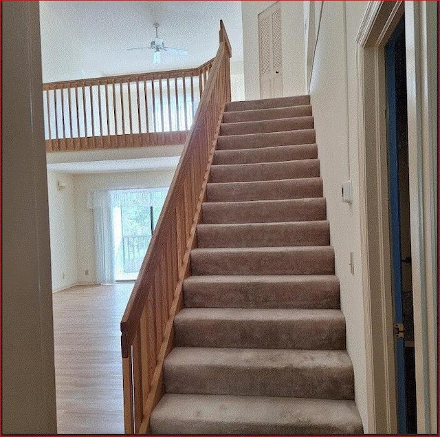 staircase with hardwood / wood-style flooring and ceiling fan