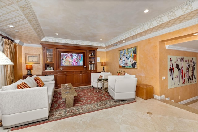 living room with ornamental molding and a raised ceiling