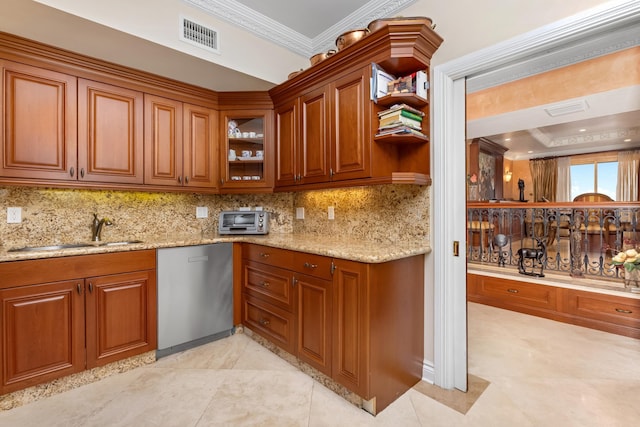 kitchen featuring dishwasher, crown molding, light stone countertops, decorative backsplash, and sink