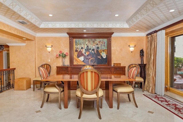 dining space featuring a raised ceiling and crown molding