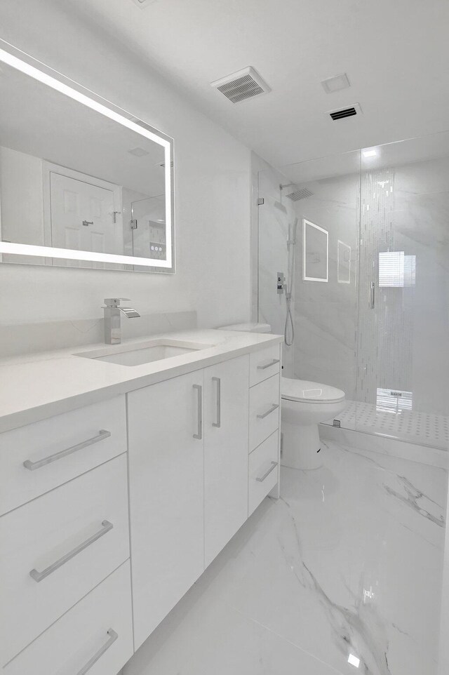 7076 Huntington Ln Unit 407, Delray Beach, FL 33446 - full bathroom featuring vanity, visible vents, a marble finish shower, toilet, and marble finish floor