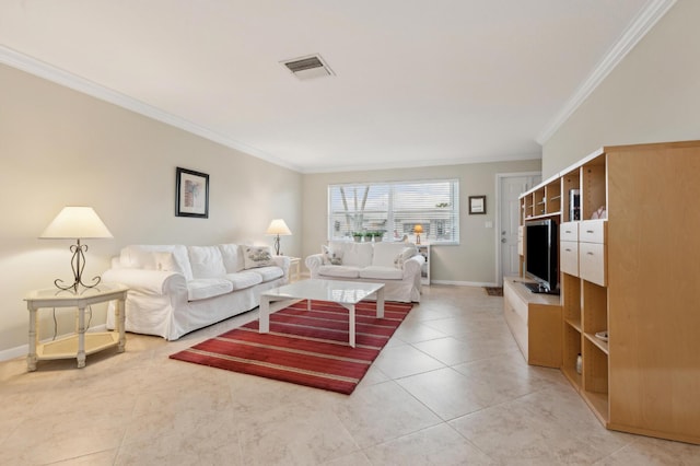 living room featuring light tile patterned floors and ornamental molding