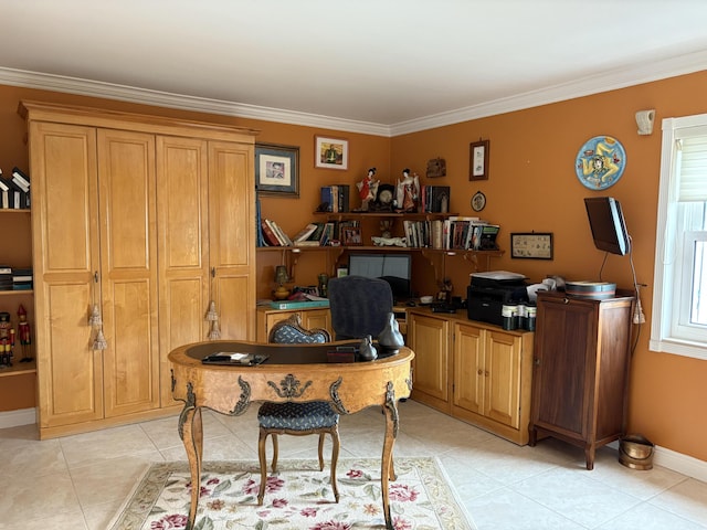 office area featuring ornamental molding, light tile patterned flooring, and baseboards