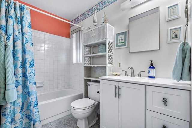 full bathroom featuring shower / tub combo with curtain, toilet, vanity, and tile patterned floors