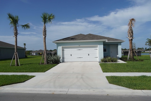 view of front of property featuring a garage and a front lawn