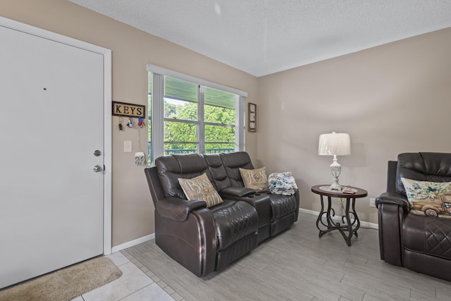 living room with a textured ceiling