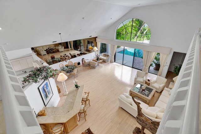 living room featuring high vaulted ceiling and light hardwood / wood-style flooring