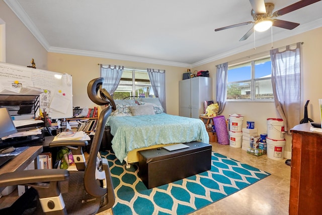 bedroom with crown molding, ceiling fan, and multiple windows