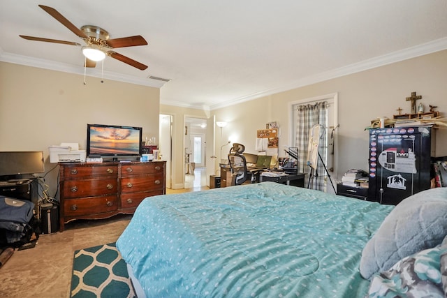 bedroom with ceiling fan and ornamental molding