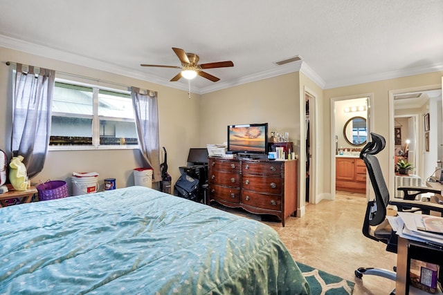 bedroom with ornamental molding and ceiling fan