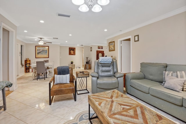 tiled living room featuring ornamental molding and ceiling fan with notable chandelier